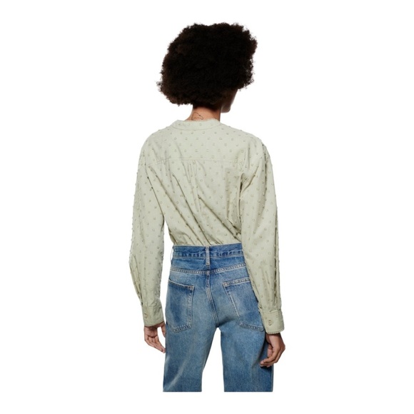 Zara Women Size M Blouse  V Neck Embroidered Long Sleeve Shirt Light Green olive - Picture 12 of 13
